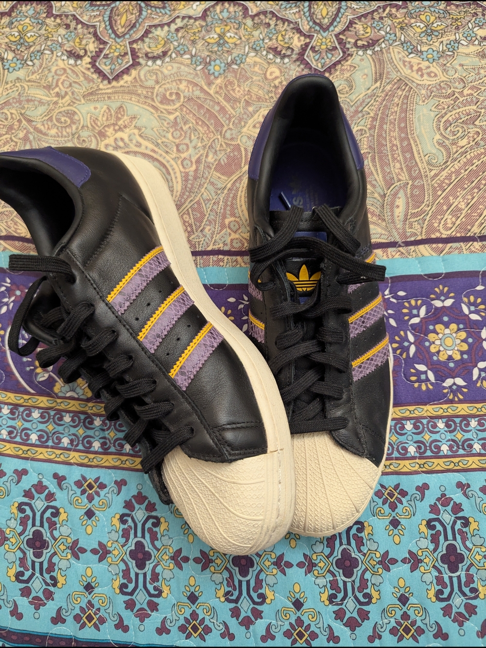 Adidas Black Leather Shell-Toe Sneakers with Purple & Yellow Stripes